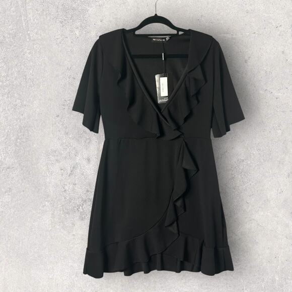 New PrettyLittleThing Black Frill Wrap Ruffle Dress‎ Short Sleeve Twelve - Picture 1 of 9